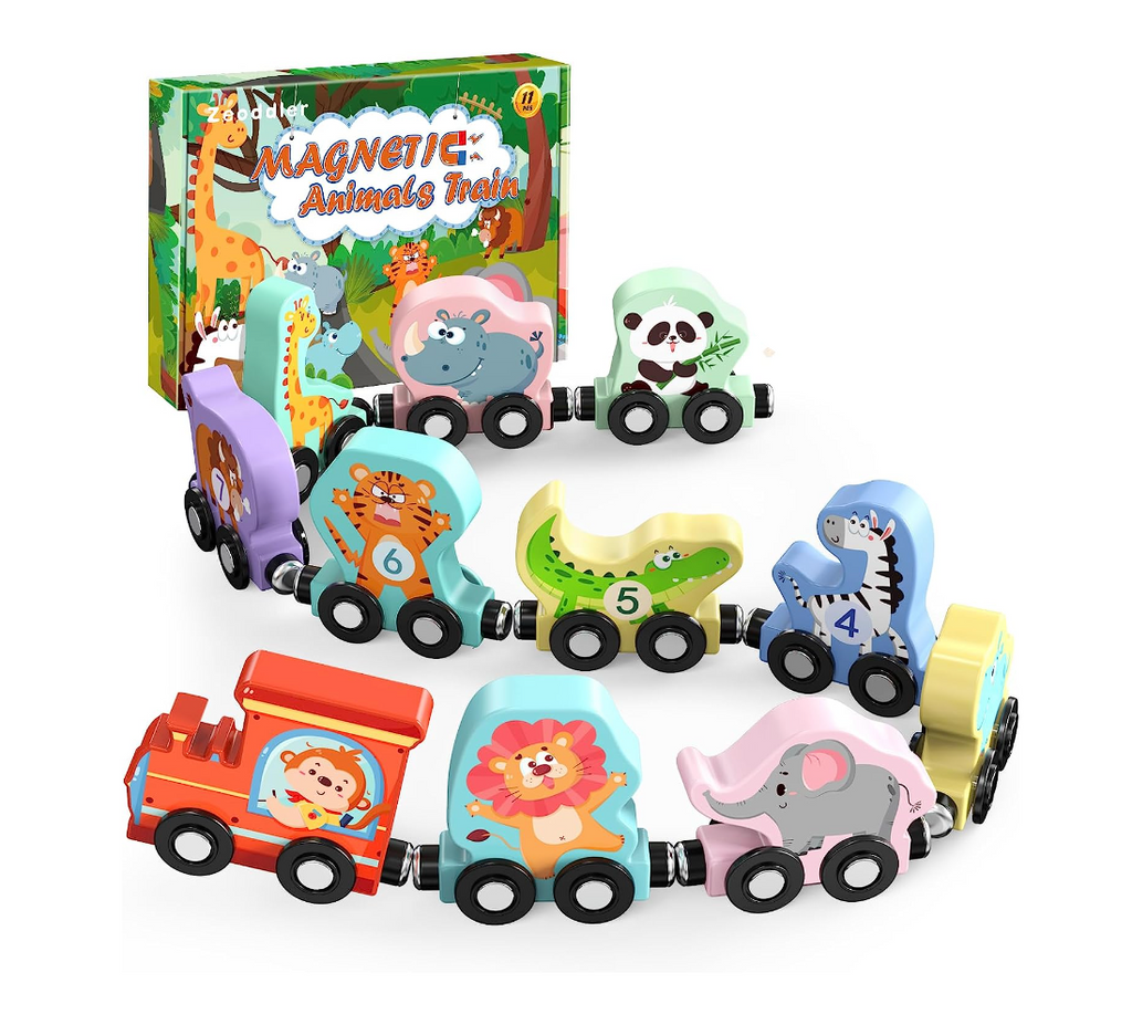 Colorful Montessori Wooden Animals Train with magnetic connections, featuring animal-shaped wooden pieces to encourage fine motor skills, cognitive development, and imaginative play in toddlers.