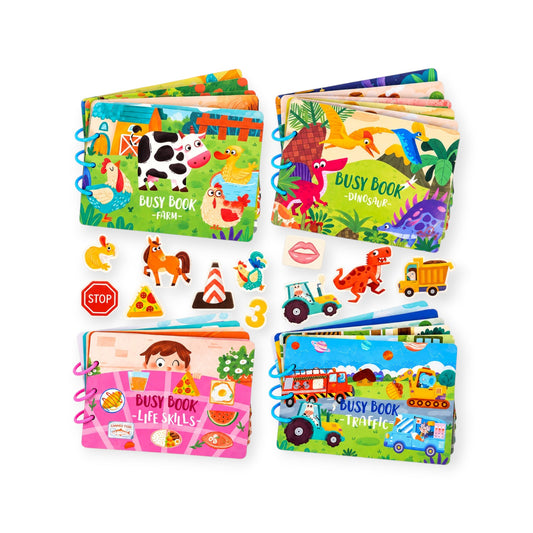Montessori Sensory Book - 4-Pack: Traffic, Farm, Dinosaur and Life Skills Busy Books