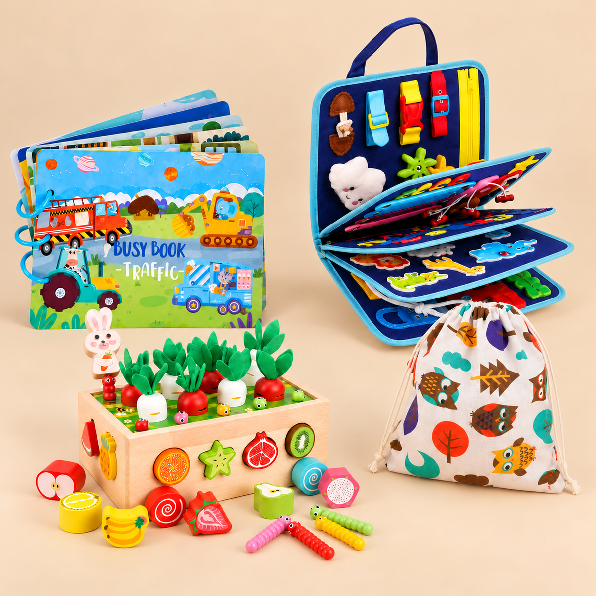 Montessori Busy Board Bundle - Blue Busy Board, Traffic Sensory Book, Garden Shape Sorter and Drawstring Bag