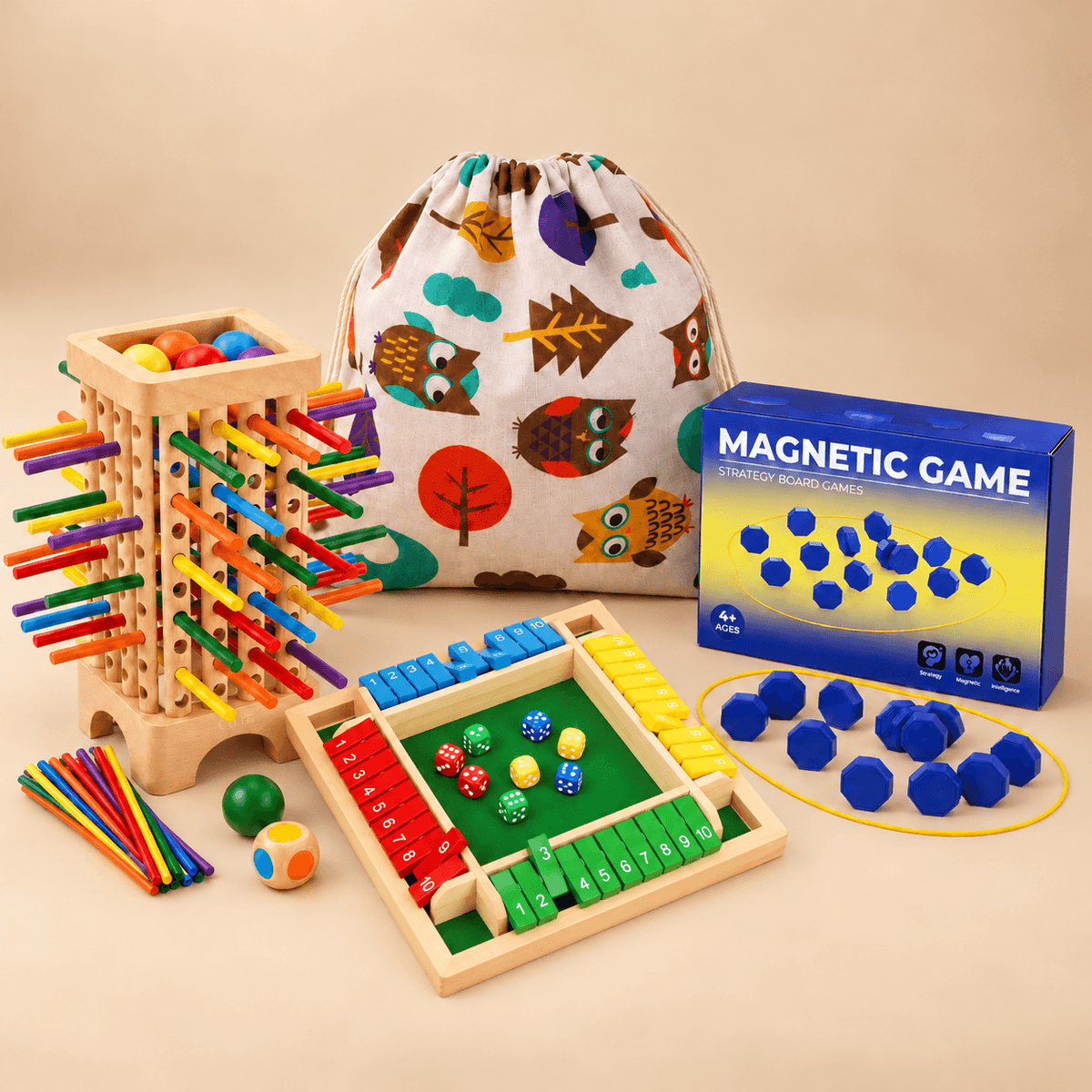 Montessori Family Time Bundle - Colorful Shut The Box, Stick Drop Tower, Magnetic Stone Game and Drawstring Bag