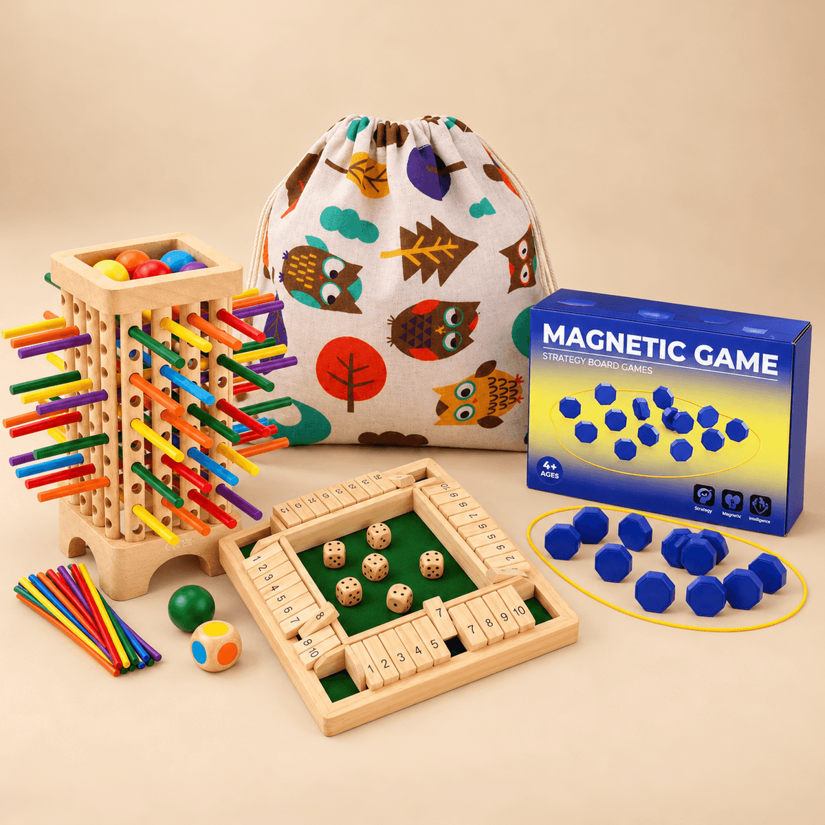 Montessori Family Time Bundle - Wood Shut The Box, Stick Drop Tower, Magnetic Stone Game and Drawstring Bag