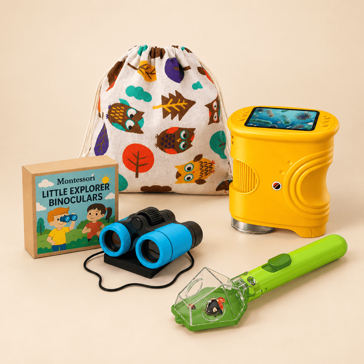 Montessori Little Scientist Bundle - Blue Binoculars, Digital Microscope, Insect Catcher and Drawstring Bag