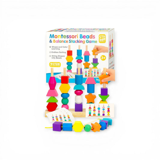 Montessori wooden beads and balance stacking game for kids aged 3 and up, colorful shape sorting toy with stars hexagons cubes spheres and triangles in multiple colors, 4 wooden stacking rods on base, lacing beads with string and pattern activity cards, S