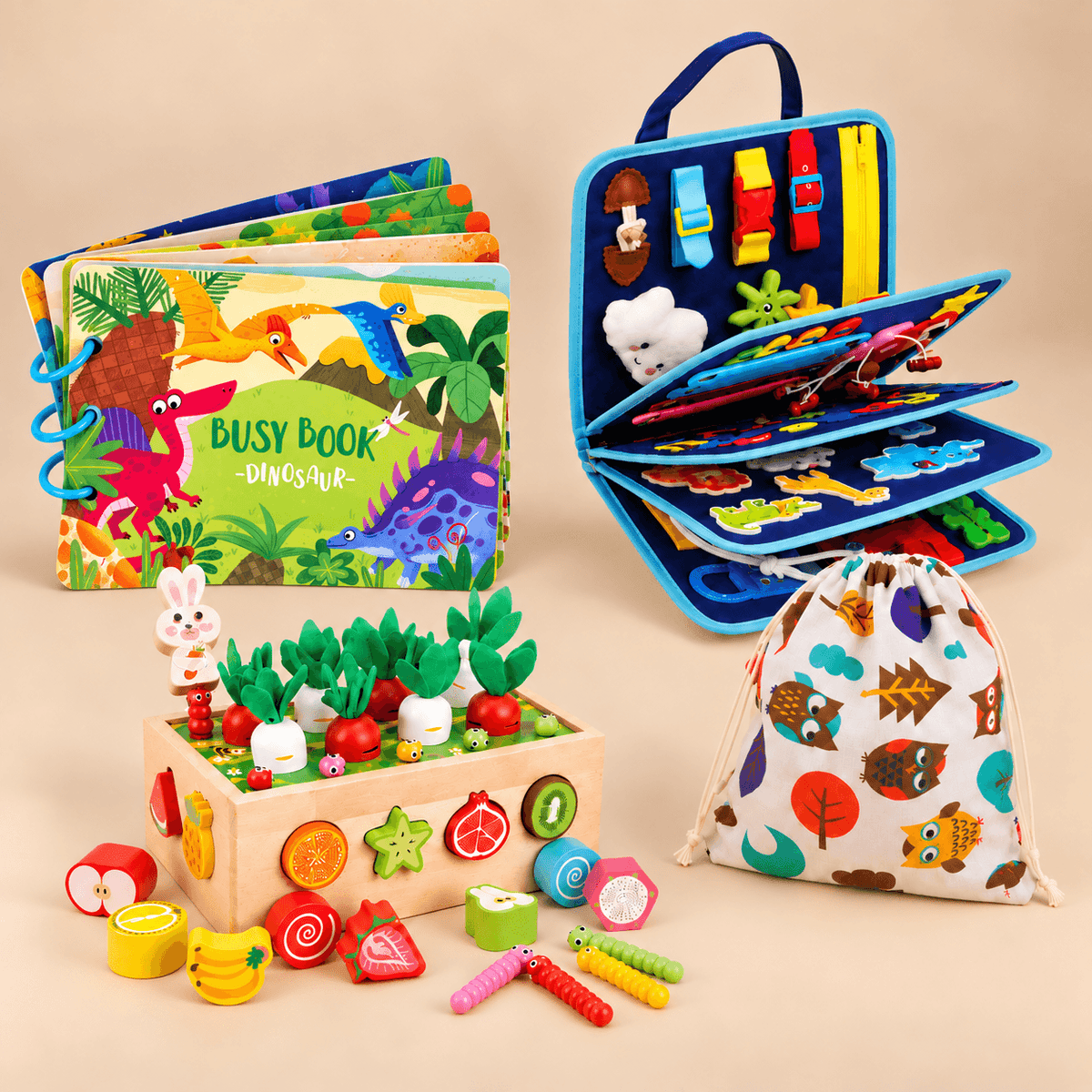 Montessori Busy Board Bundle - Blue Busy Board, Dinosaur Sensory Book, Garden Shape Sorter and Drawstring Bag