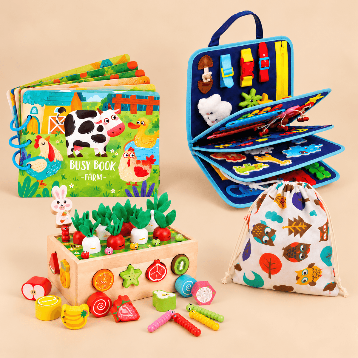 Montessori Busy Board Bundle - Blue Busy Board, Farm Sensory Book, Garden Shape Sorter and Drawstring Bag