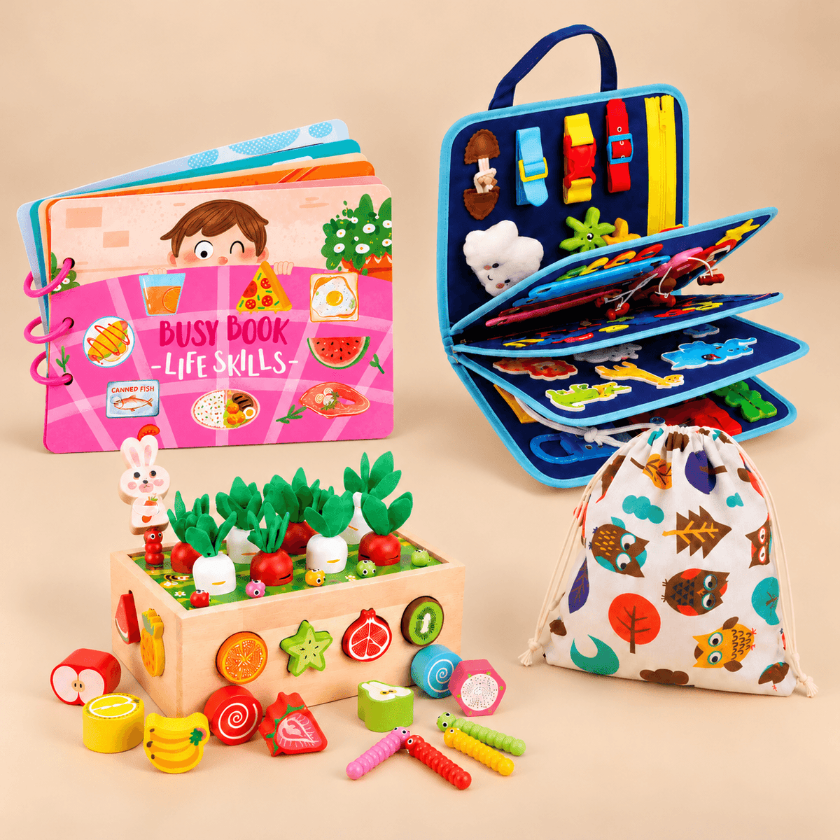 Montessori Busy Board Bundle - Blue Busy Board, Life Skills Sensory Book, Garden Shape Sorter and Drawstring Bag