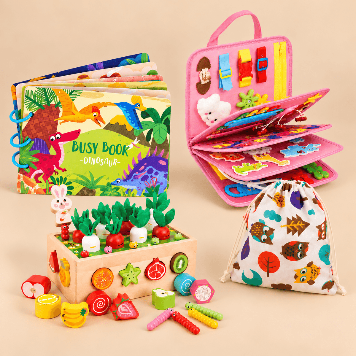 Montessori Busy Board Bundle - Pink Busy Board, Dinosaur Sensory Book, Garden Shape Sorter and Drawstring Bag