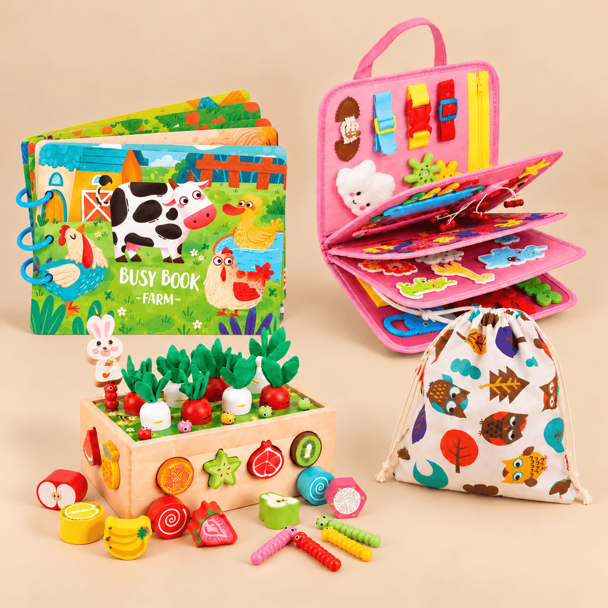Montessori Busy Board Bundle - Pink Busy Board, Farm Sensory Book, Garden Shape Sorter and Drawstring Bag