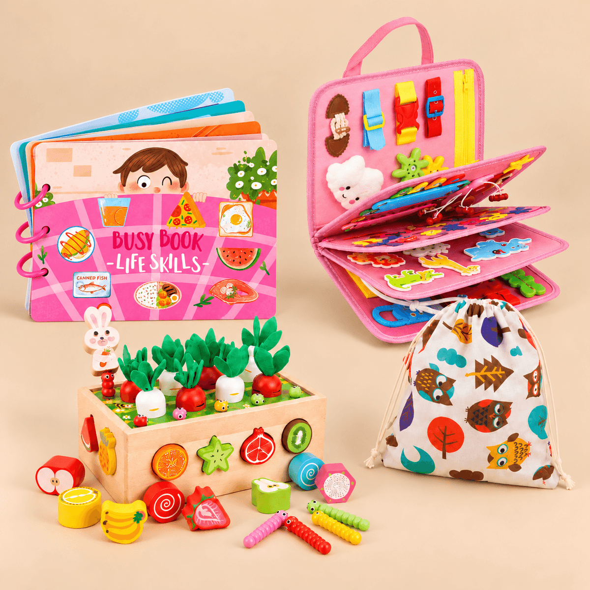 Montessori Busy Board Bundle - Pink Busy Board, Life Skills Sensory Book, Garden Shape Sorter and Drawstring Bag