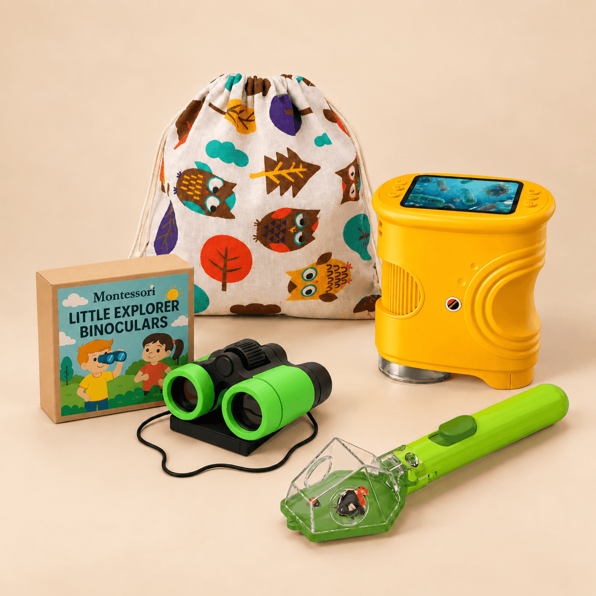 Montessori Little Scientist Bundle - Green Binoculars, Digital Microscope, Insect Catcher and Drawstring Bag