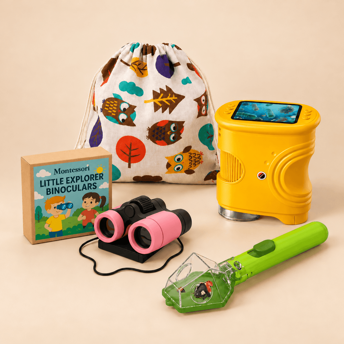 Montessori Little Scientist Bundle - Pink Binoculars, Digital Microscope, Insect Catcher and Drawstring Bag