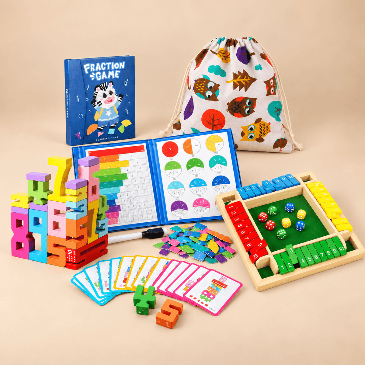 Montessori Math Whiz Bundle - Colorful Shut The Box, Fraction Game, Number Builder Blocks and Drawstring Bag