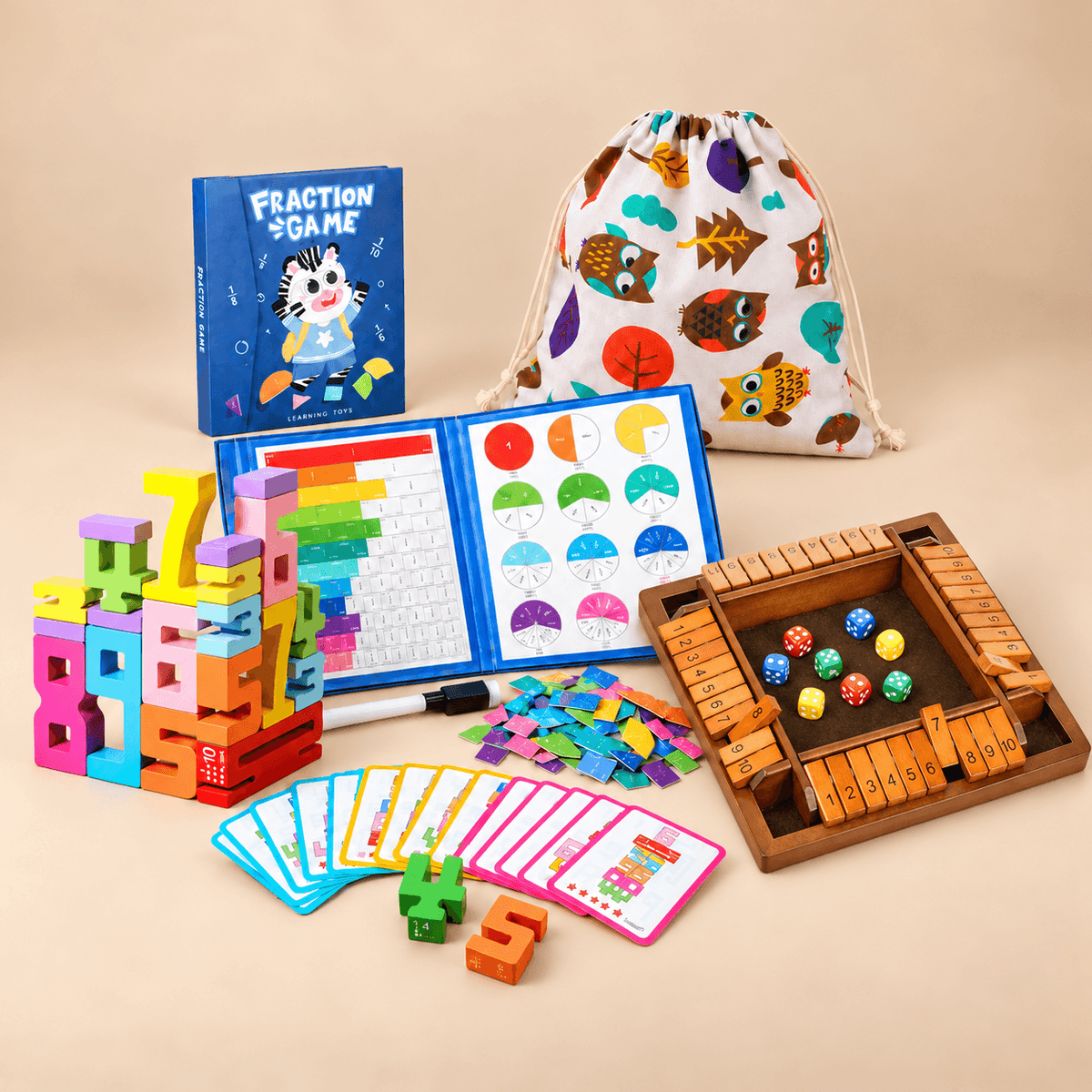 Montessori Math Whiz Bundle - Retro Shut The Box, Fraction Game, Number Builder Blocks and Drawstring Bag