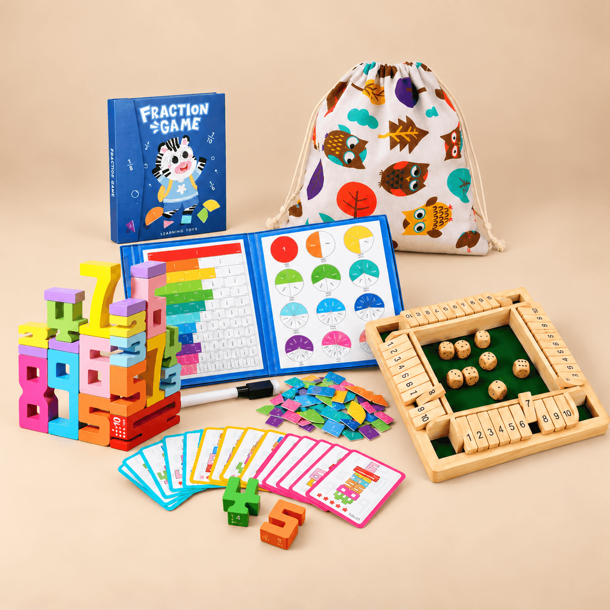 Montessori Math Whiz Bundle - Wood Shut The Box, Fraction Game, Number Builder Blocks and Drawstring Bag